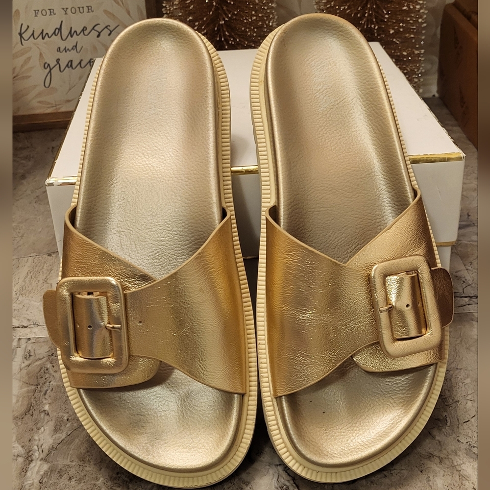 MIA Metallic Gold Slide Sandals - Picture 8 of 8